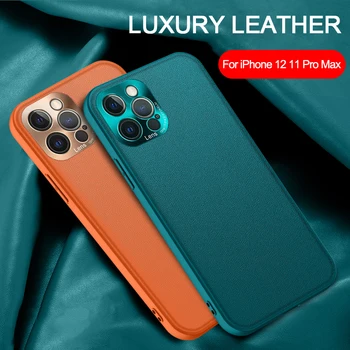 За iPhone 12 Mini 12 11 Pro Max X XR XS 7 8 Plus SE 2020 Калъф-Луксозен Кожен Метален Обектив за Пълна Защита на Мека Делото Капа