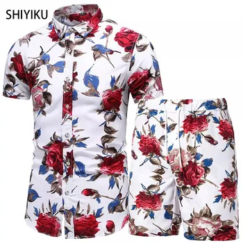 SHIYIKU/ Мъжки Лятна Брандираната Мъжка Риза и къси Панталони от 2 теми, Комплект от 2 теми, Плажни Дрехи, Плажни Шорти, Хавайска риза, Комплект, Модни Дрехи