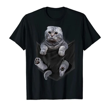 Забавен шотландски вислоухий Котка в джоба си, Реколта тениска за любителите на котки. Ежедневна тениска от 100% памук с къс ръкав, Без покрив, Размер S-3XL