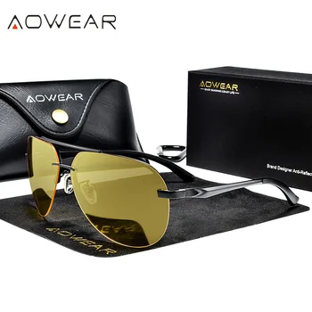 AOWEAR Очила за Нощно Виждане Без Рамки Мъжки Поляризирани Безопасни Очила За Нощно Шофиране, Очила за Мъже UV400 Жълти Слънчеви Очила Gafas De Sol