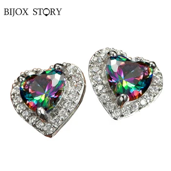 BIJOX STORY модни очарователни обеци за жени, бижута от сребро 925 проба с топаз във формата на сърце, обеци-на карамфил със скъпоценни камъни, сватбен подарък