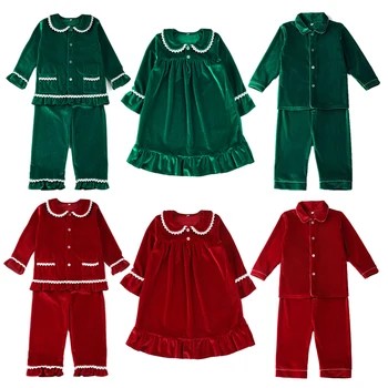 Продажба на едро 2022 Детски Дрехи Кадифе Червена пижама Зелена Пижама С Бродерия За по-Малките Момчета И Момичета Семейни Комплекти Детски Коледни Пижами