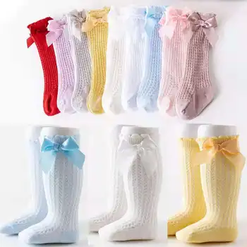 Летни Чорапи За малки Момичета, Дълги Чорапи с Лък За Деца, Детски Чорапи До Коляното, Меки Памучни Мрежести Чорапи в испански Стил За Деца от 0-2 години, Дишащи Чорапи