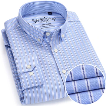 Пролет-есен мъжки однотонная тънка оксфорд риза райе с дълъг ръкав, удобна за бизнес и ежедневни облекла, устойчиви на бръчки памук