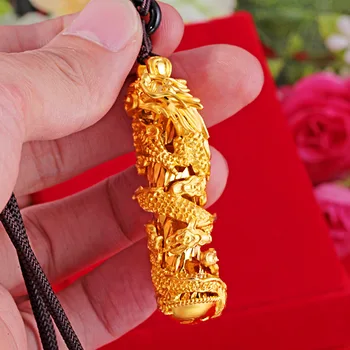Истински 24-КАРАТОВО Жълто Златно покритие Дракон Колона Висулка Колие за Мъже И Жени Мода Тайландски Златен Дракон Медальон Бижута Не Изчезват