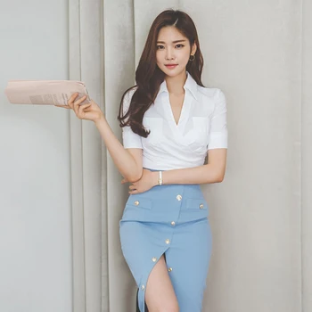 Корея Официално Облекло от 2 теми, Елегантни Дамски Летни Ежедневни Прости Бели Блузи с Къс Ръкав, Риза, Синя Пола-молив, Тънки Комплекти