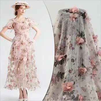 Шифоновая плат с 3D розови цветя, Рози, Красива 3D Лейси плат, Ярък Плат за сватбени рокли с розетки в двора