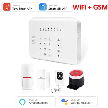 Sasha Smart WIFI GSM Домашна Охранителна Алармена система Работи С Алекса Google Arm, Disarm Гласова Команда PIR Врата Детектор за Дим SOS