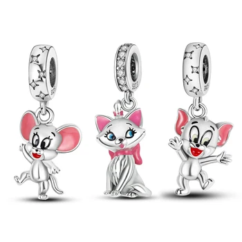 Подходящ оригинална гривна Pandora 925 сребро сладки розови уши, кот и мышонок Чар сини мъниста жени бижута подарък