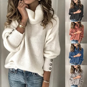 пуловер Есенно-зимния женски пуловер, Пуловер, Нов Монофонични Еластичен Вязаный Пуловер с висока воротом, Базова облекло 10 цвята