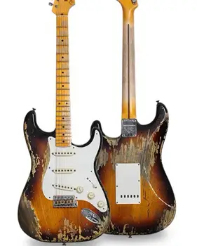 Горещи Вещи Ръчно изработени Електрическа китара В цвят sunburst Состаренная Китара, бяла подплата, благородна китара