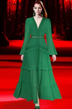 Gedivoen/ Модно дизайнерско облечи, Есен Женствена Рокля с V-образно деколте, ръкав-фенерче, Кухи накъдрен, Ежедневни зелени Макси-рокли