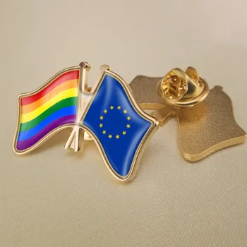 Европейският Съюз и ЛГБТ Дъга Гей Кръстосани Двойни Знамена Приятелство Брошка Икони Игла На Ревера