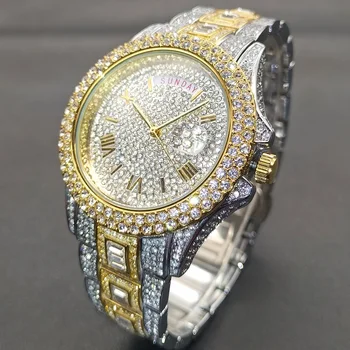 MISSFOX Часовници За Мъже от висок клас на Марката Iced Out Diamond Мъжки Кварцов Reloj Седмица на Модата Календар От Неръждаема Стомана Мъжки Ръчен Часовник Подарък