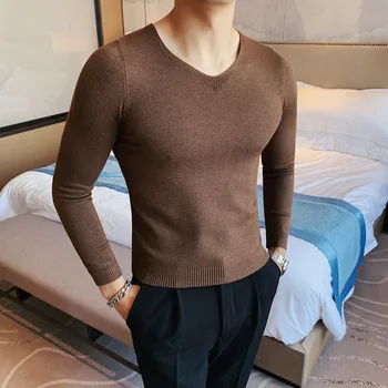 4XL-M Мода 2021 Есен Зима Нов Монофонични Вязаный Пуловер С V-образно Деколте Мъжки Дрехи Универсални Приталенные Ежедневни Пуловери Pull Homme
