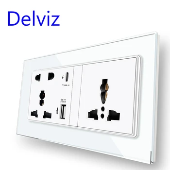 Интерфейс гнездо Delviz Type C, Интелигентна бързо зареждане на 18 W 4А, Стенни универсален двоен контакт 16А, USB-изход с панел от кристално стъкло
