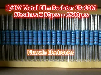 2500 бр 50 Стойности 1R - 10MR 1/4 W Съпротивление 1% Метален Филмът Резистор Асорти Комплект