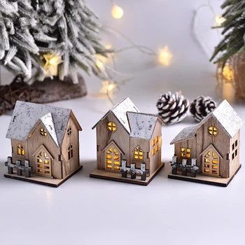 Коледна Led Лампа, Дървена Къща, Светещ Кабина, Забавни Коледни Декорации за Дома, Украси за Елхи, Детски Подарък за Нова Година