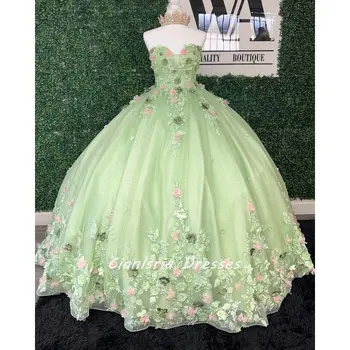 Мятно-зелена Рокля с Пищни Цветя Аппликацией, Без Ръкави, с 3D Цветя, Скъпи 16 Бална Рокля на Принцеса, Vestidos De 15 Años