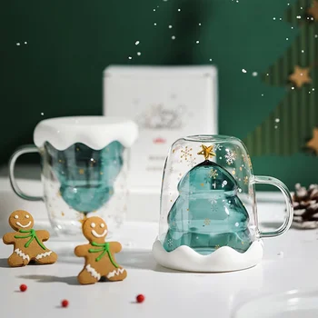 Коледно Дърво Стъклена Чаша Кафе, Чаша За Мляко С Двойни Стени Стъклена Снежинка Анти-Обжигающие Изолирани Чаши За Кафе Коледен Подарък