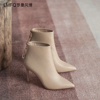 2022 Дамски обувки Модерен Ботильоны на висок Тънък ток, Пикантни обувки с остри пръсти с Цип Есенно зимни Дамски Обувки Бели Обувки
