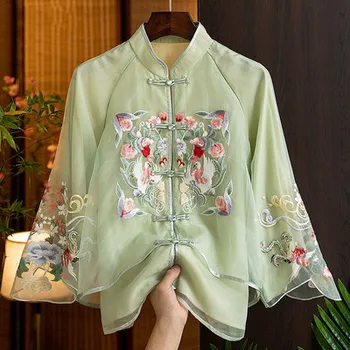 2023 пролет есен китайски стил реколта женски ориенталски блузи от памук и лен пътен жилетка с бродерии топ с три четвърти ръкав