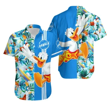 Хавайска риза с принтом Доналд Дък от Disney, Риза с принтом Доналд Дък, хавайска риза с цветя, плажни ризи алоха, лятна риза на Дисни