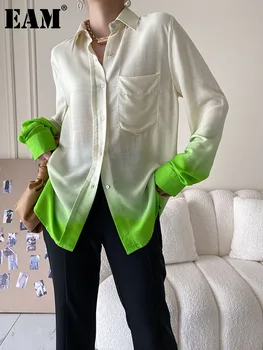 [ИАЛ] Дамски Зелена Блуза С Градиентными джобове Голям Размер, Нова Риза Свободно Намаляване С Дълъг Ръкав И Ревера, Модни Риза Tide Пролет-Есен 2023 1DF3415