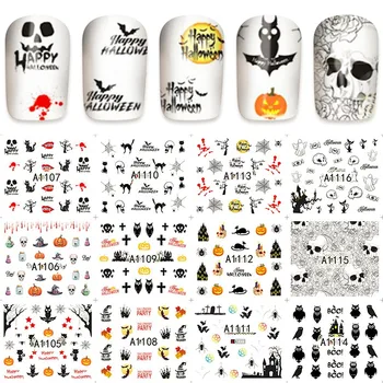 12 листа вода стикер за нокти, стикери за Декорация на нокти слайдер татуировки пълно Покритие на тиква череп Хелоуин дизайн етикети A1105-1116