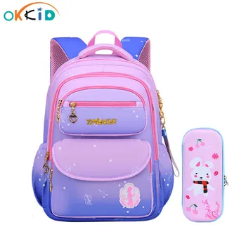 OKKID чанти за начално училище за момичета, един сладък комплект от чанти за книги, детски розово лилаво училище раница, детска чанта-молив с зайче, подарък за деца
