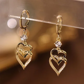 Луксозни Двуслойни Висящи Обеци във формата на Сърце за Жени С Кристали, Корейски Сватбени Обици за Младоженци, Бижута Pendientes Mujer