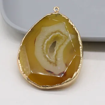 Естествени Полускъпоценни камъни Медальон Жълт Ахат Позлатен Край 40x50 мм DIY Производство на Бижута Колие Гривна Подарък