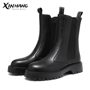 Мъжки обувки; сезон есен-зима; Нови черни обувки в британски стил с еластична гумена лента със средна дължина; дамски обувки на 