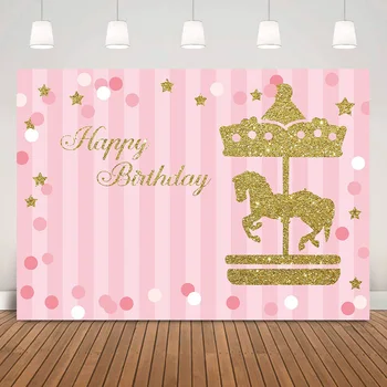Златна Въртележката Момиче Честит Рожден Ден На Фона На Розови Ивици Сладка Принцеса Рожден Ден На Фона Декорация Златен Блясък Звезда