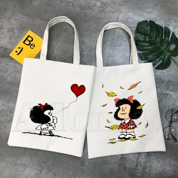 Mafalda на 90-те Години на Карикатура Harajuku Чанта-Тоут на Рамото за Жени, дамски Чанти Еко Множество Чанта за Пазаруване Реколта Чанти