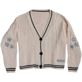 Ежедневието на Обикновен Възли Жилетки, Дамски Топли Зимни Възли Палто копчета с Отложным Яка, Мъжки Пуловери е в същия стил и модни Пуловери със Звезди