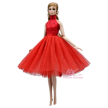 NK Официалния 1 Бр. Модни Червена Лейси Пола, Елегантна Сватбена Рокля на Бретелях с Отворен Гръб Дрехи за Барби Кукла Играчки Аксесоари