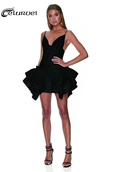 Високо качество на черен спагети каишка знаменитост мода еластична превръзка вечерно парти рокля