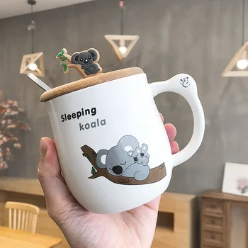 450 МЛ сладък карикатура коала керамична чаша творческа животно кафеена чаша с лъжица, лъжица пара чаша дървена капачка чаша мляко за закуска