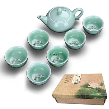Керамични Керамични Чай Чай Чайник Чаена Чаша Селадон Риба, Чаша Чай Чайник Творчески Кунг-фу Чай Комплект Чаени Чаши Подарък Кутия