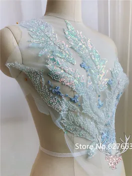 3D Синьо и розово бродирани мъниста лейси нашивка апликация за сватбен вечерна рокля шевни ивици модни дрехи и аксесоари